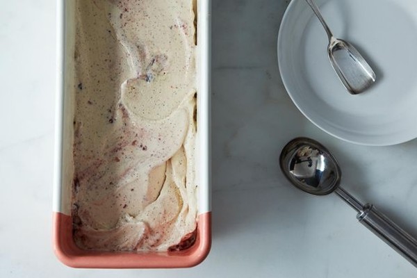 Earl Grey ice cream with blackberry swirl