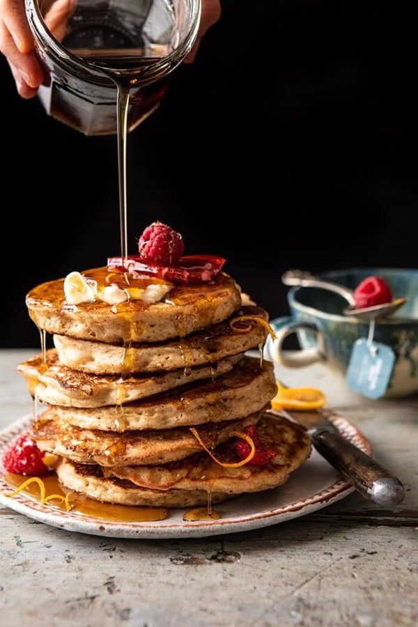 Earl Grey lemon ricotta pancakes with salted maple butter