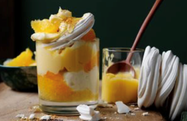 Early season citrus Eton mess with lemon curd and jam and burnt husk powder