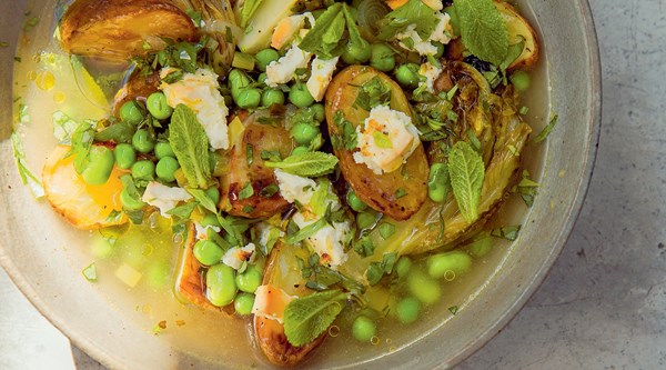 Early spring stew with baked ricotta 