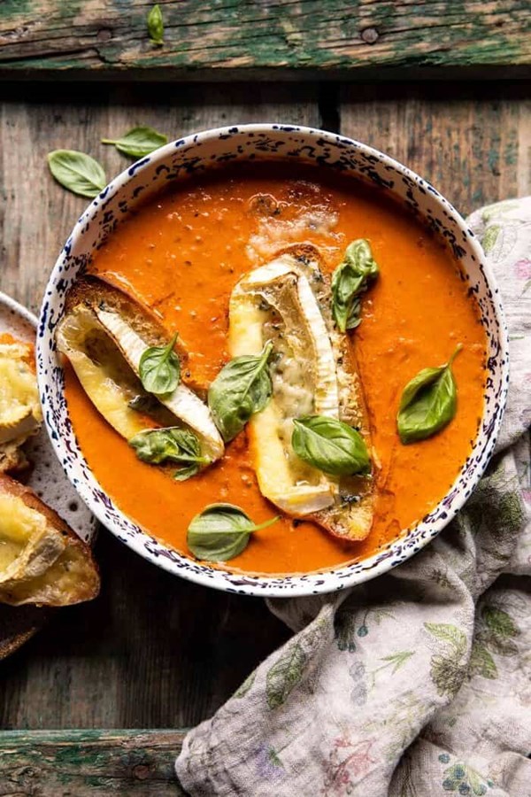 Easiest herby tomato soup with melted Brie crostini