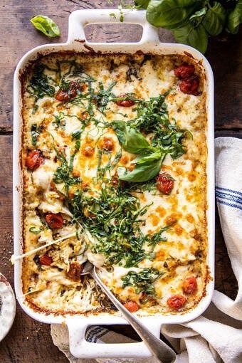 Easiest one pan Caprese pesto orzo bake