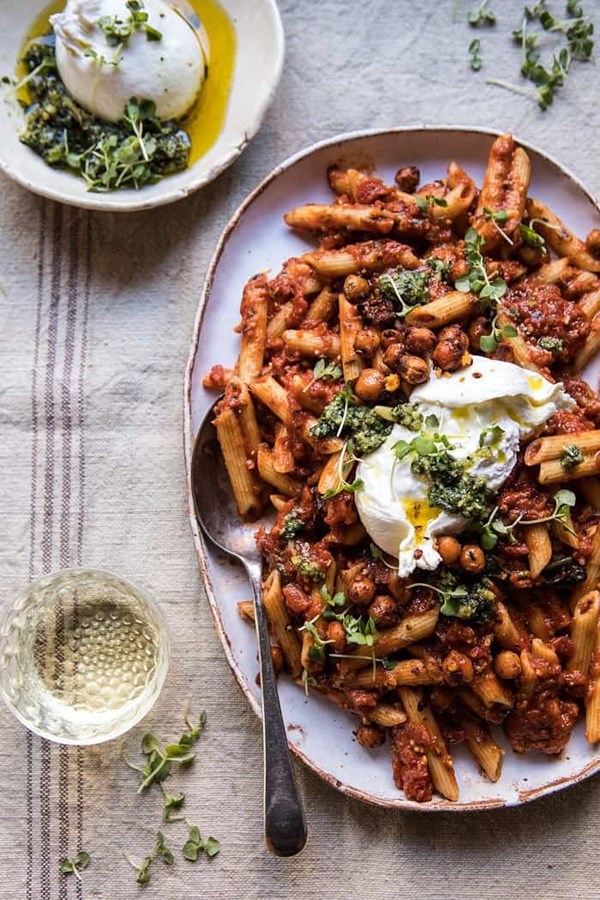 Easiest tomato basil penne with spicy Italian chickpeas