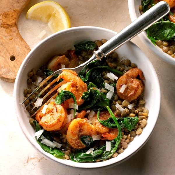 East Coast shrimp & lentil bowls