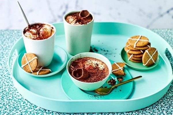 Easter hot chocolate with hot cross bun spiced biscuits
