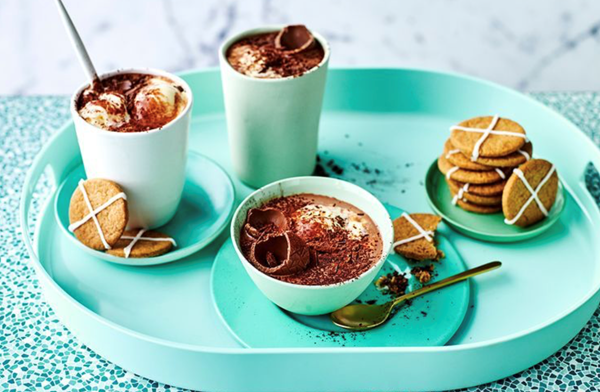 Easter hot chocolate with hot cross bun spiced biscuits