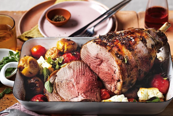 Easy carve lamb, oregano, garlic and feta potatoes