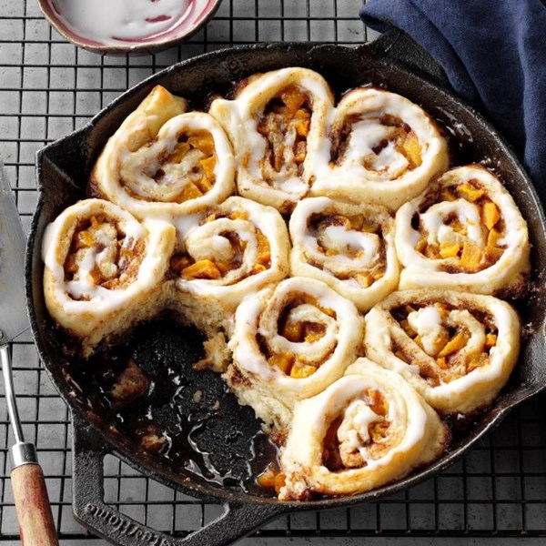 Easy cast-iron peach biscuit rolls