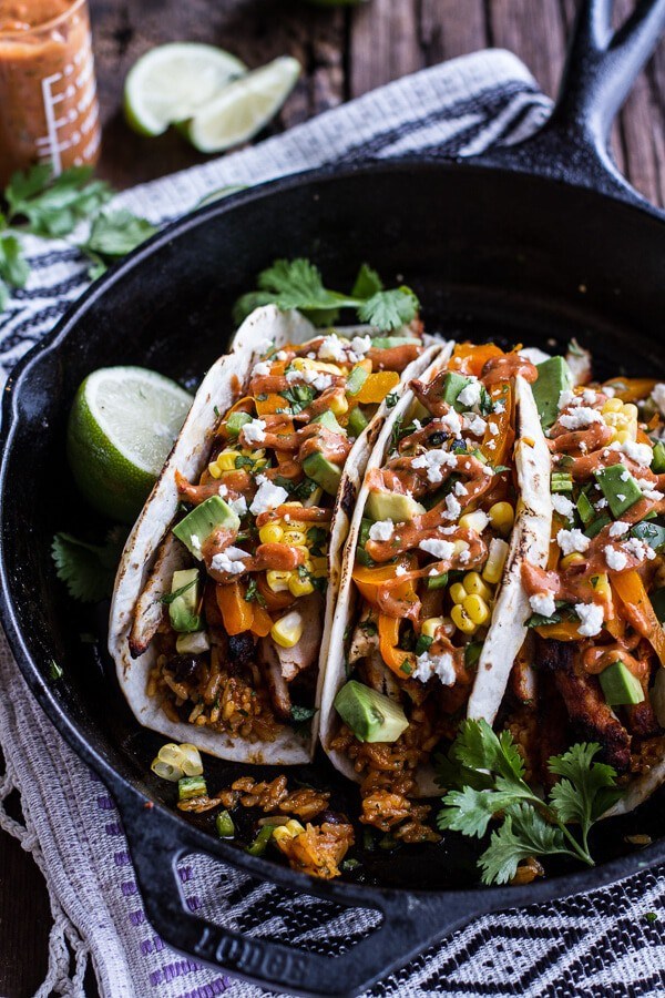 Easy chicken fajitas with cheesy enchilada rice + Tex-Mex special sauce