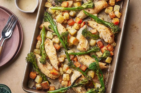Easy chicken traybake with garlic roast veg