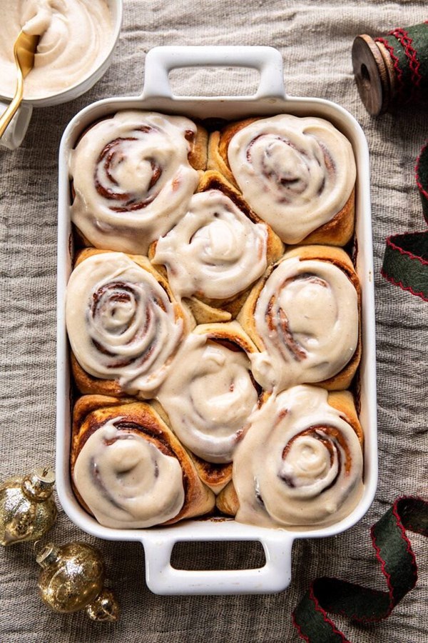 Easy gingerbread brioche cinnamon rolls with cinnamon browned butter frosting