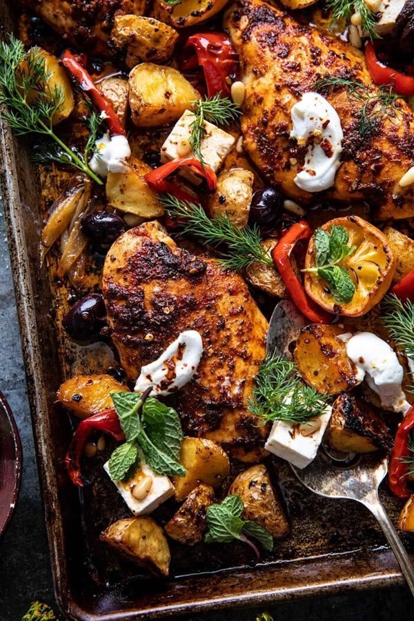 Easy Greek sheet pan chicken souvlaki and potatoes