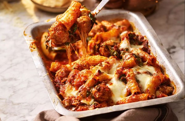 Easy meatball rigatoni bake