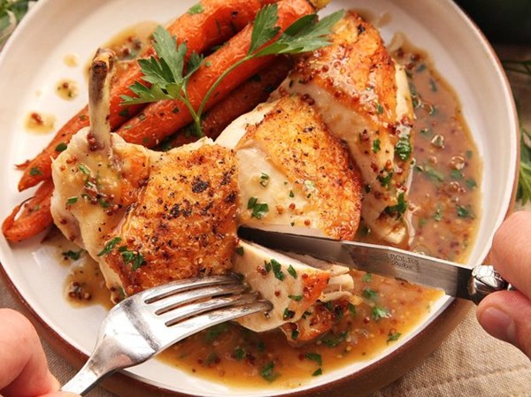 Easy pan-roasted chicken breasts with bourbon-mustard pan sauce