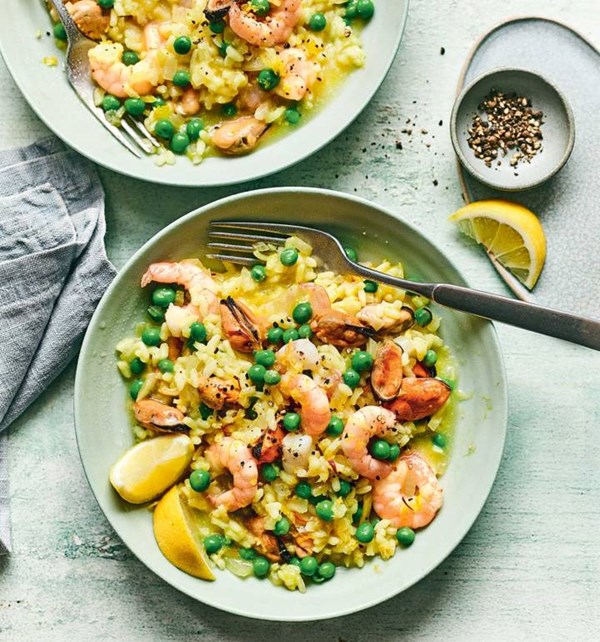 Easy pea and seafood risotto