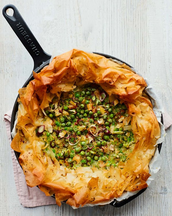 Easy pea, mint and preserved lemon filo tart