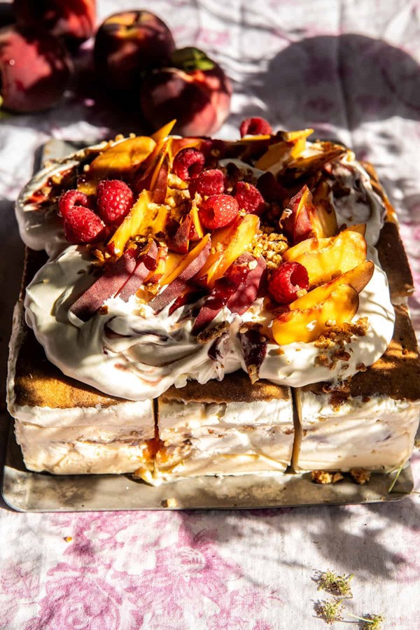 Easy peaches and pretzel ice cream cake