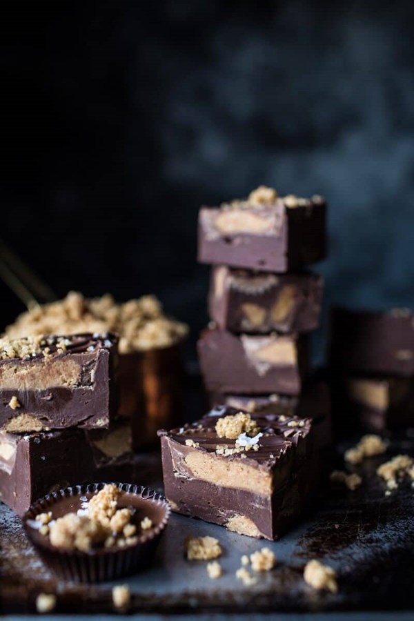 Easy peanut butter cup fudge with salted bourbon sugar