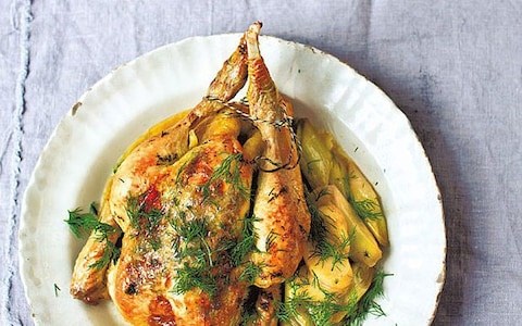 Easy roast chicken with dill, leeks and vermouth 