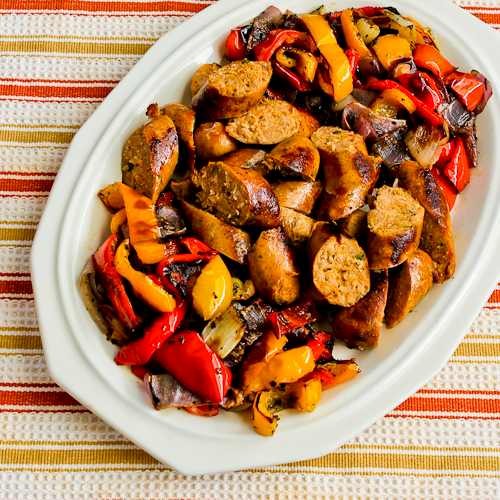 Easy roasted bell peppers and red onions with turkey Italian sausage