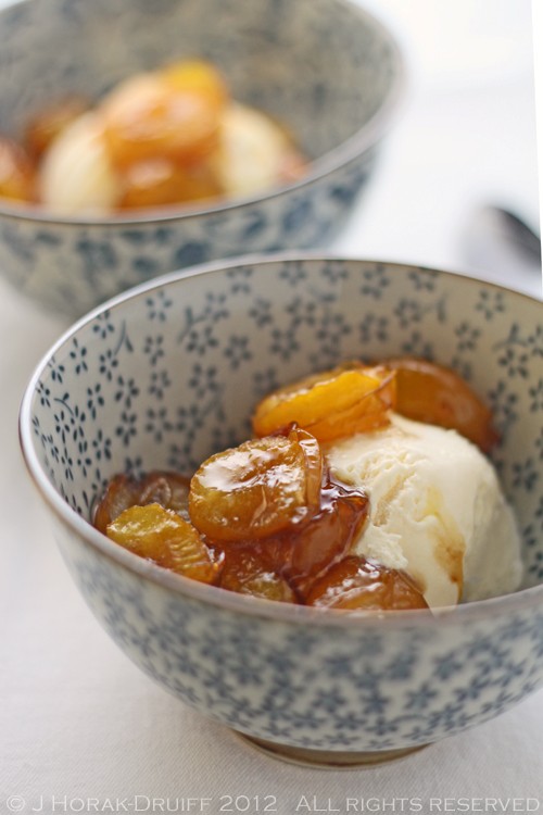 Easy roasted glazed plums with ice cream