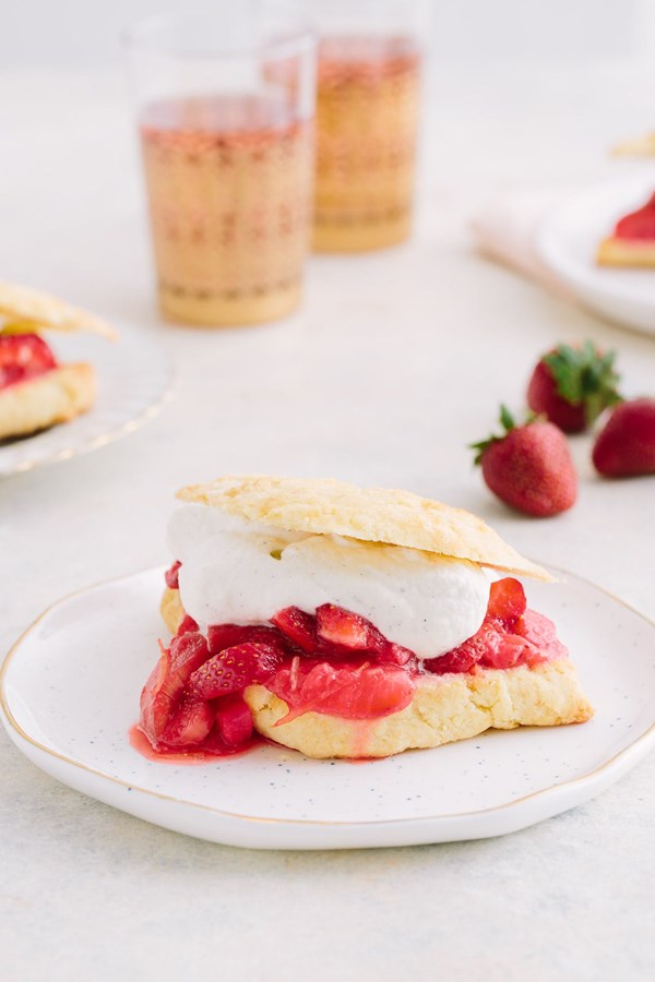 Easy roasted strawberry rhubarb shortcakes with cardamom whipped cream