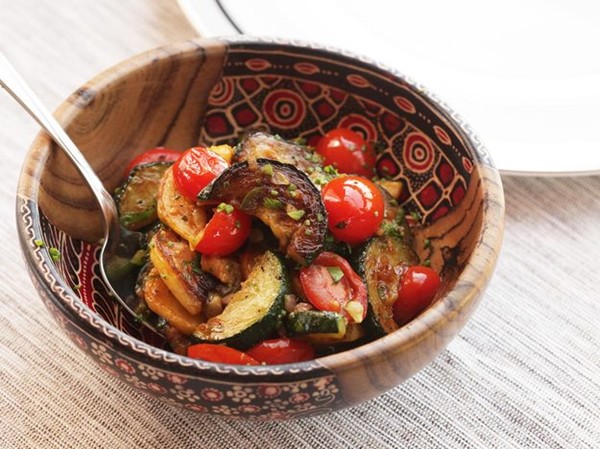 Easy sautéed zucchini, squash, and tomatoes with chilies and herbs