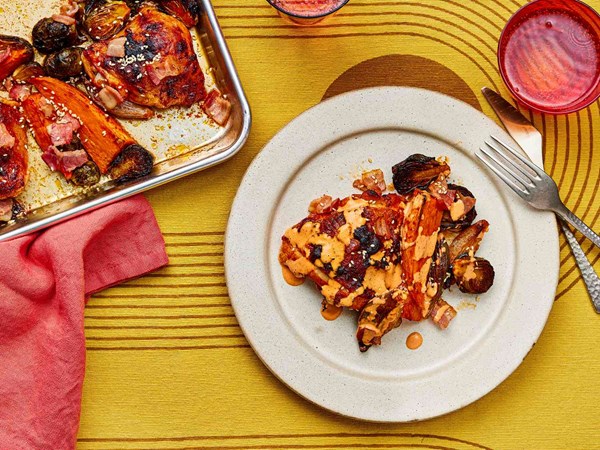 Easy sheet-pan roasted chicken, sweet potatoes, and Brussels sprouts 