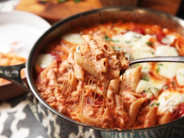 Easy skillet baked ziti with sausage and ricotta