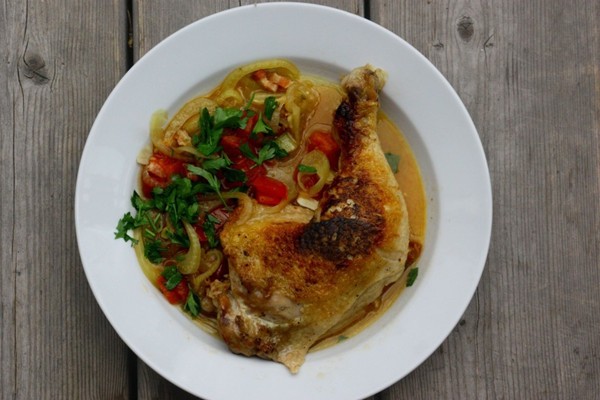 Easy skillet-braised chicken with white wine, fennel, and pancetta