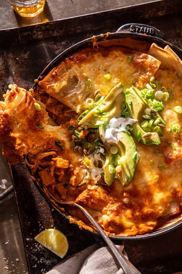 Easy skillet butternut squash chicken enchiladas
