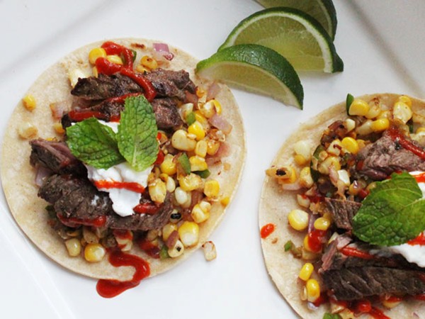 Easy skillet steak tacos with charred corn and Sriracha