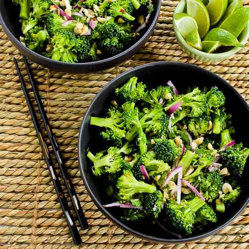 Easy Thai-flavored raw broccoli salad with red onion, mint, and peanuts