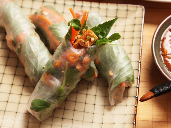 Easy vegan crispy tofu spring rolls with peanut-tamarind dipping sauce