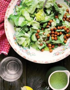 Eat your greens salad with chickpea croutons and green goddess dressing 