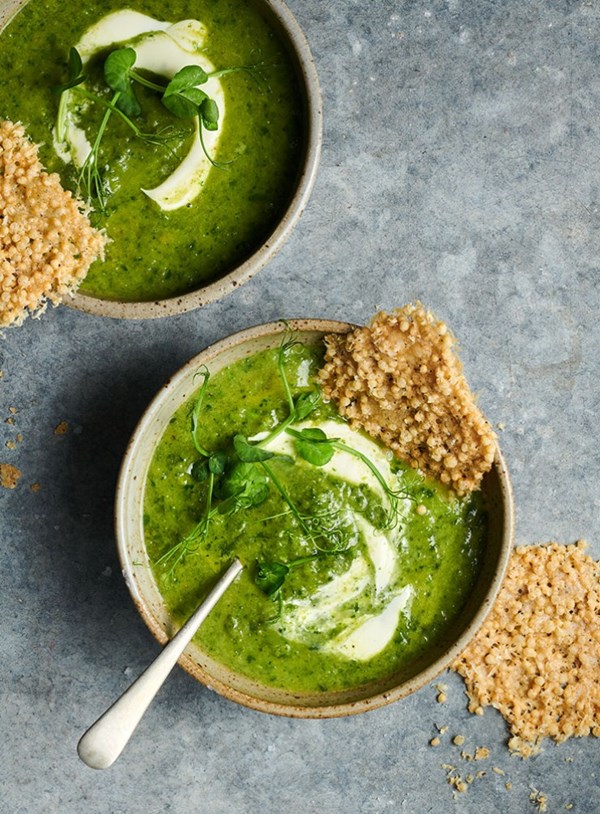 Eat your greens soup with puffed quinoa and Parmesan crisps