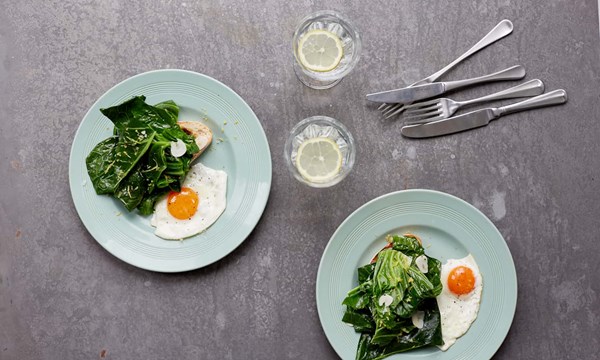 Ed Smith's herb and garlic spring greens with fried eggs