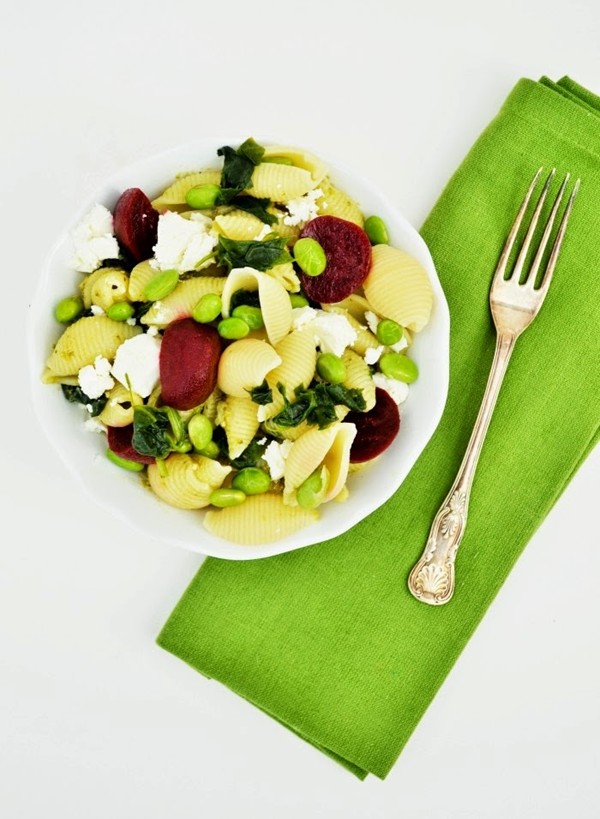 Edamame, feta and beet pasta salad