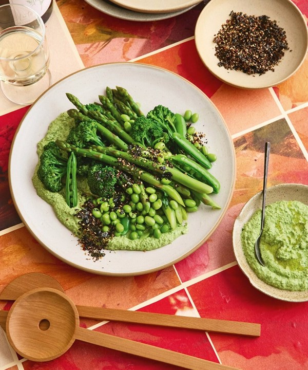 Edamame 'hummus' with furikake & spring veges