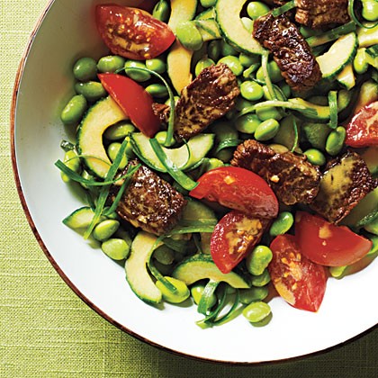 Edamame salad with crisp steak bits