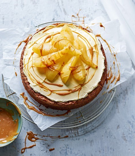 Edd's poached pear cake with chai-spiced buttercream and salted caramel drizzle
