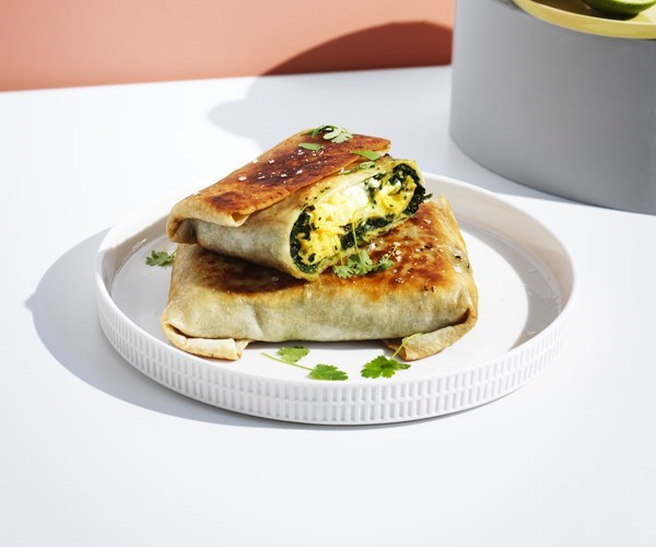 Egg & Indian-spiced creamed silverbeet roti wraps