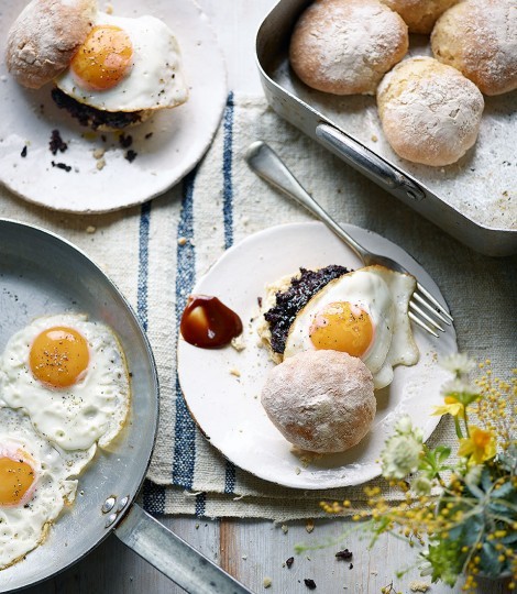 Egg and black pudding on a Scottish morning roll