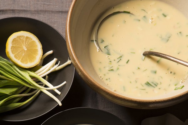 Egg and lemon soup with ramps