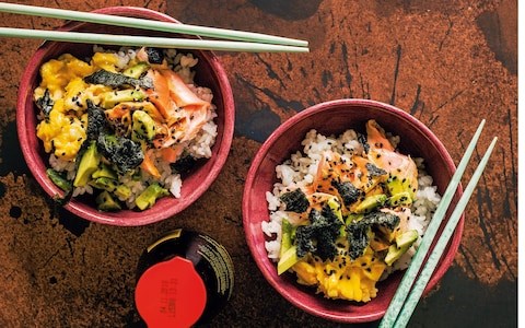 Egg and salmon Japanese rice bowl with soy