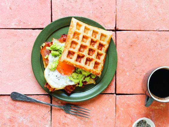 Egg, bacon & guacamole waffle