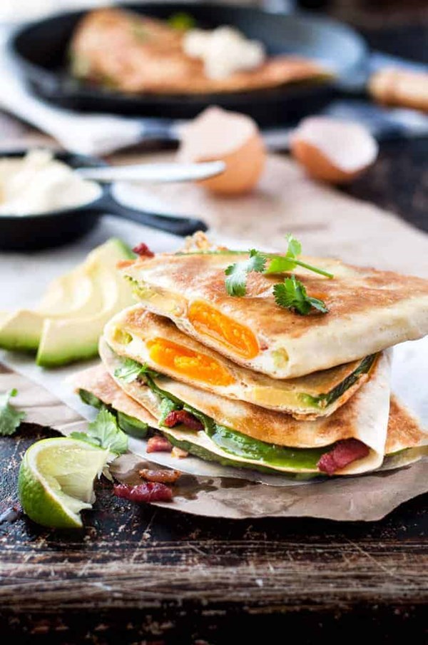 Egg, bacon and avocado quesadilla
