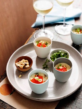 Egg custards with hazelnuts, trout roe and lemon balm