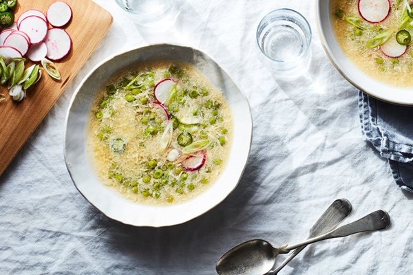 Egg drop soup with ginger, chiles, & spring peas