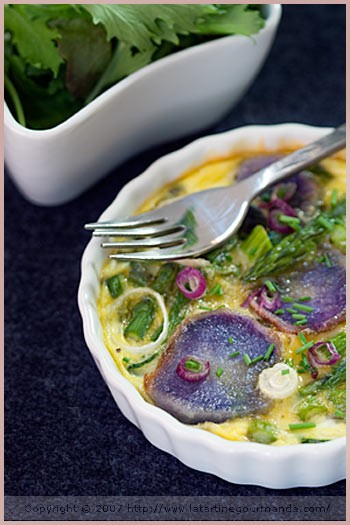 Egg flan with purple potato and green vegetables (Flan aux oeufs, vitelottes et légumes verts)